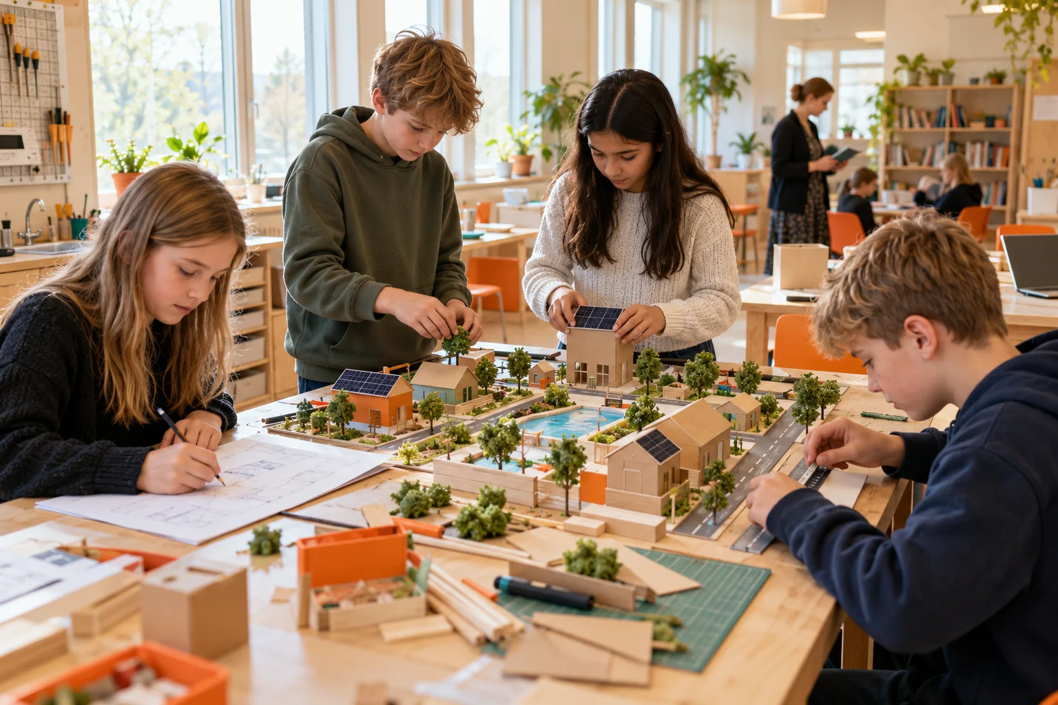 Oppilaat suunnittelevat ja rakentavat kestävän kaupungin pienoismallia koulun työpajassa käyttäen pahvia, puuta, paperia ja mittavälineitä.