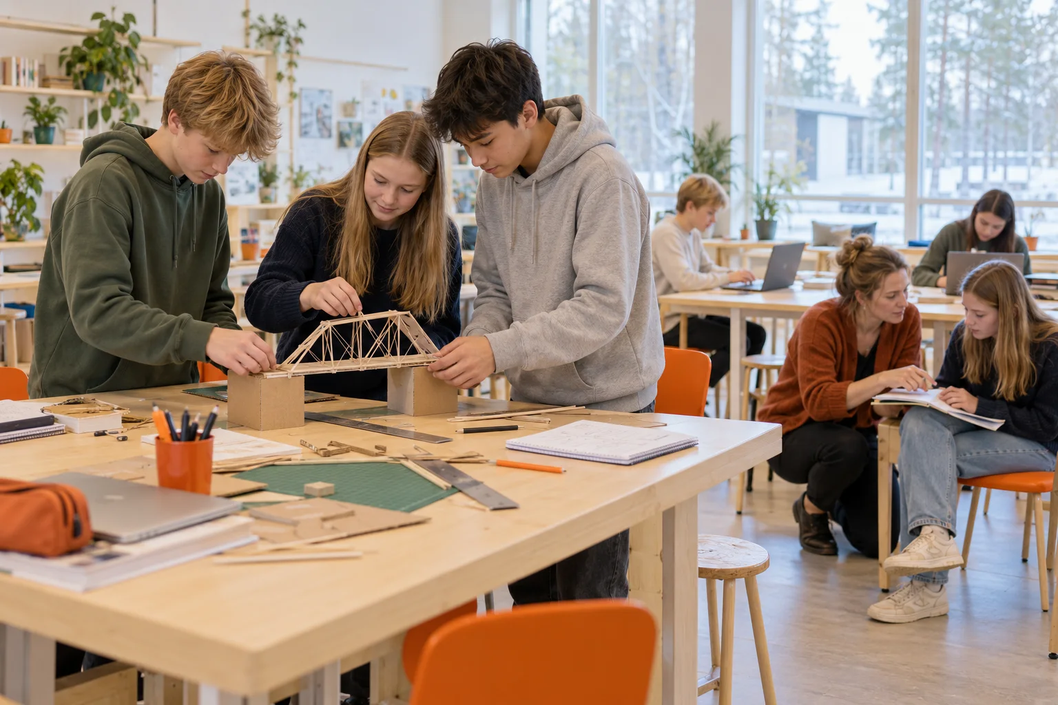 Opettaja ohjaa oppilasta vihkotyöskentelyssä samalla kun muut etenevät omissa projekteissaan.